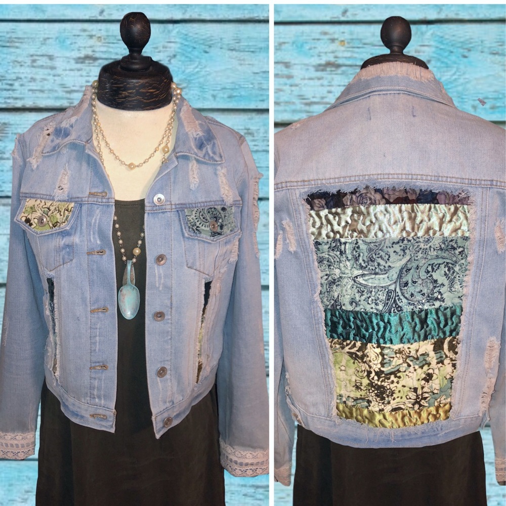 Upcycled Boho Distressed Light Denim Jacket Spring